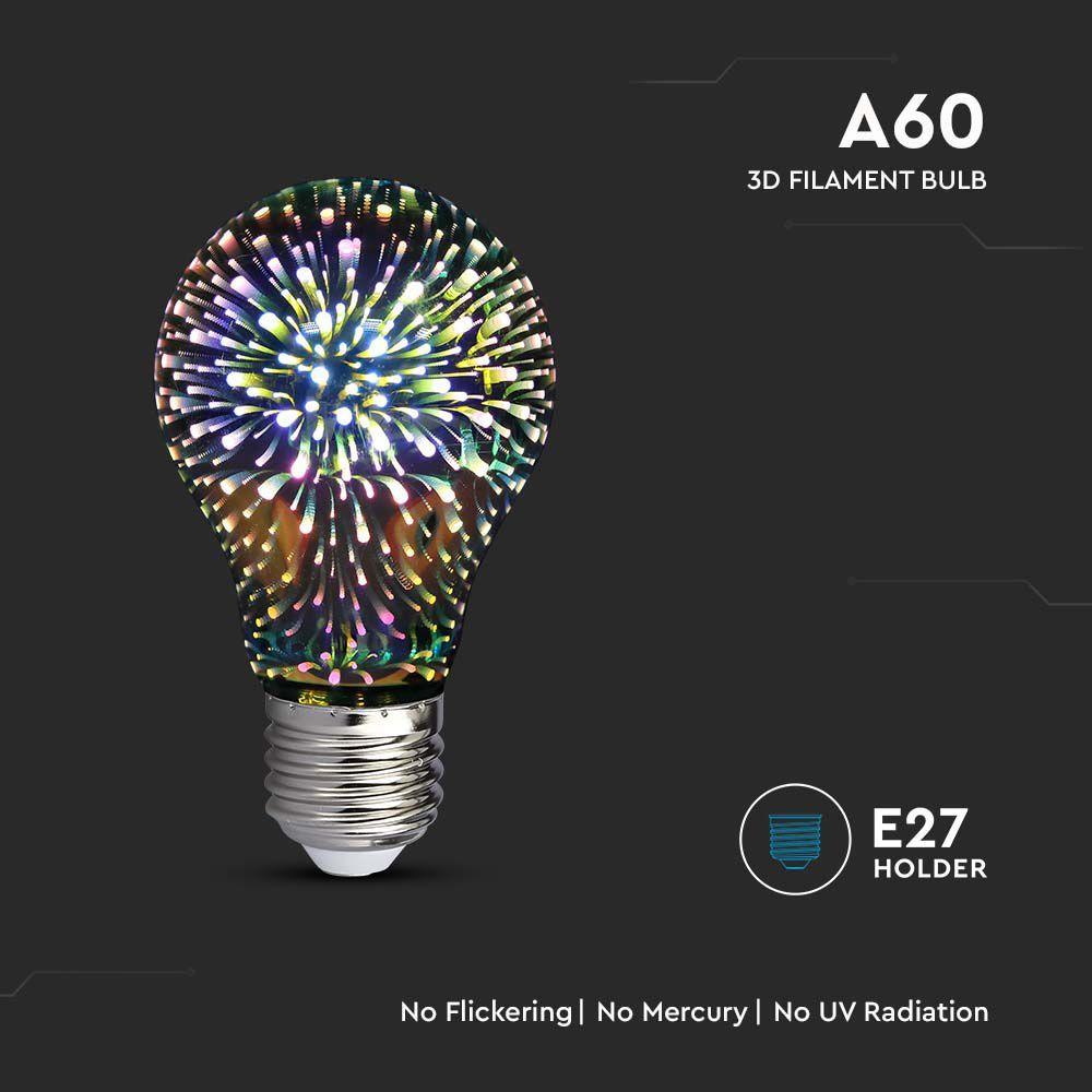 3W A60 Żarówka LED Filament 3D, Barwa:3000K, Trzonek:E27, VTAC, SKU 212704