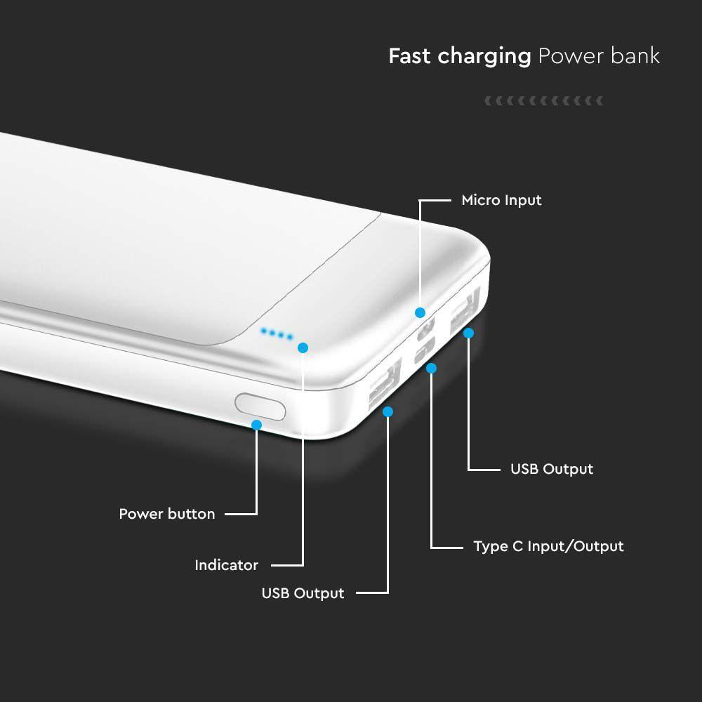 Power Bank 2xUSB + typ: C, Micro USB, Szybkie ładowanie, Litowo Polimerowy - 10000mAh, Biały, VTAC, SKU 7834