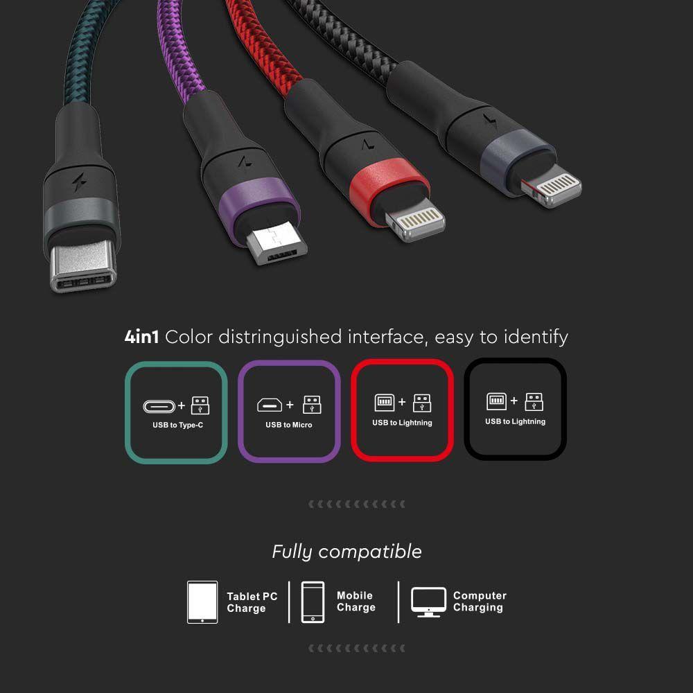 Przewód USB z adapterem 3w1 typ: C, Micro, Lightning, Fast Charging, 1.2m, Czarny, VTAC, SKU 7748