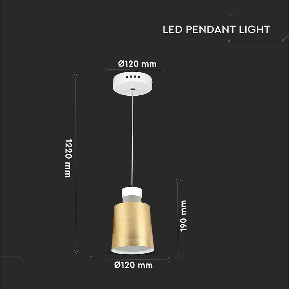 7W Lampa Wisząca LED, Klosz: Akryl, Złoty, Barwa:3000K, VTAC, SKU 3934