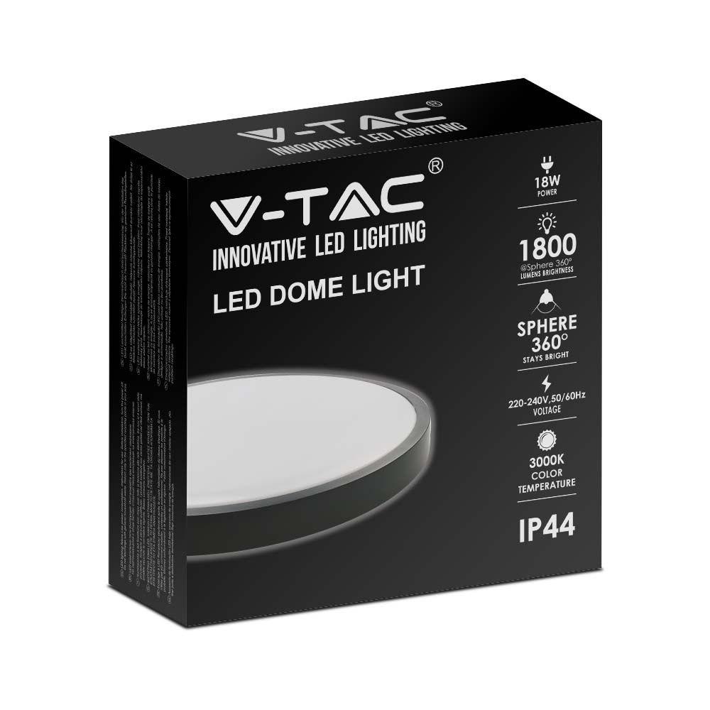 18W Plafon LED, Średnica: 225mm, Barwa:6500K, Klosz: Okrągły mleczny czarna ramka, IP44, VTAC, SKU 7635