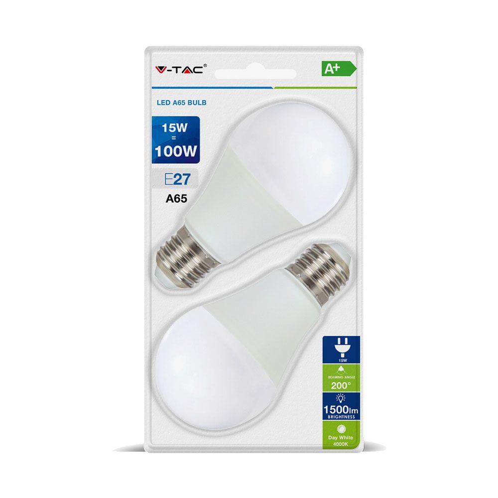 15W A65 Żarówka LED, Barwa:6400K, Blister 2 szt., Trzonek E27, VTAC, SKU 7302