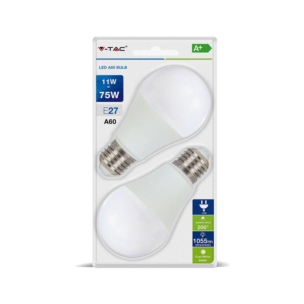 11W A60 Żarówka LED, Barwa:2700K, Blister 2 szt., Trzonek E27, VTAC, SKU 7297