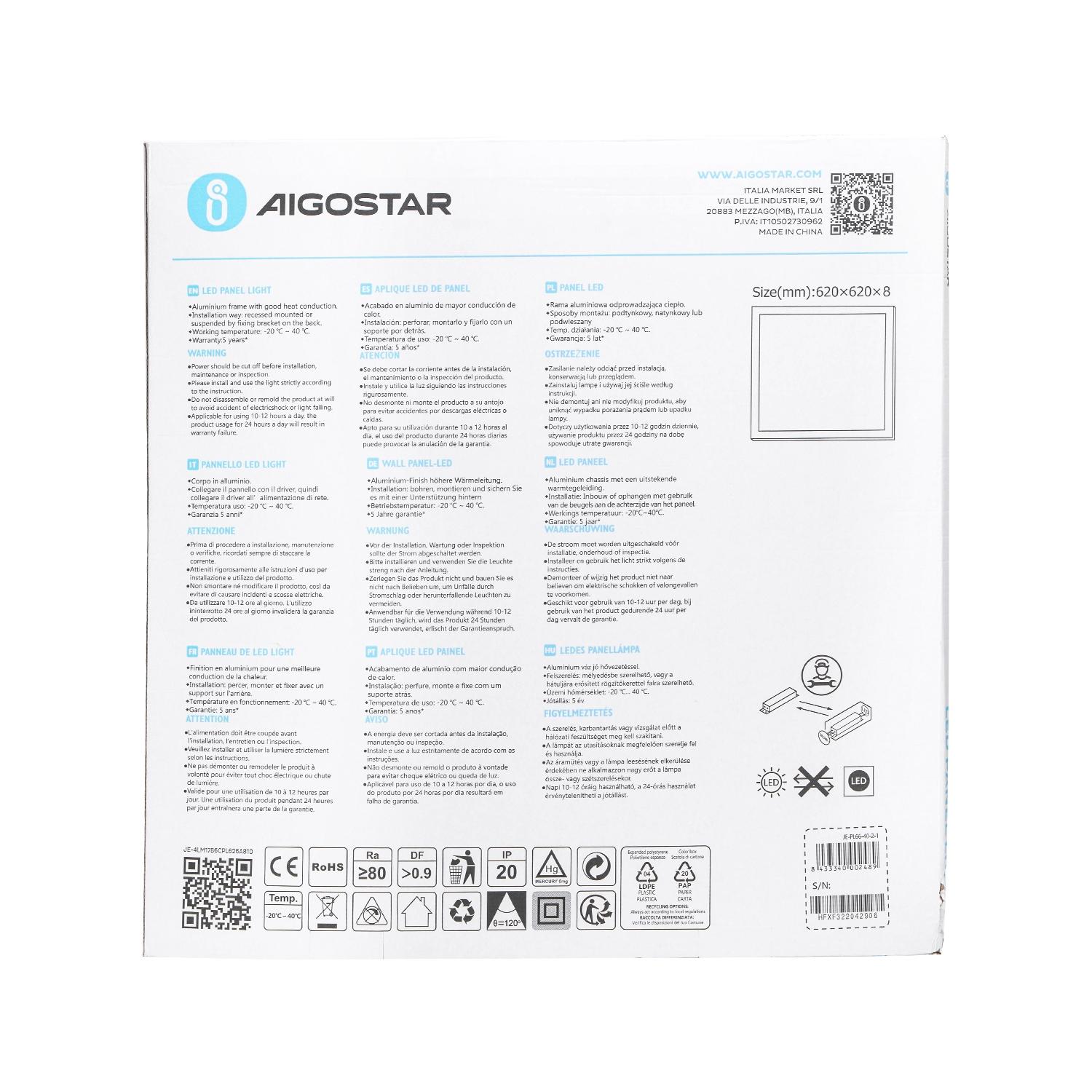 Panel podtynkowy 620x620 40W 6500K