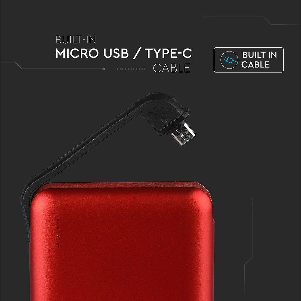 Power Bank z przyłączem Mikro USB, Litowo Polimerowy - 3.7V, 5000mAh, Czerwony, VTAC, SKU 8866