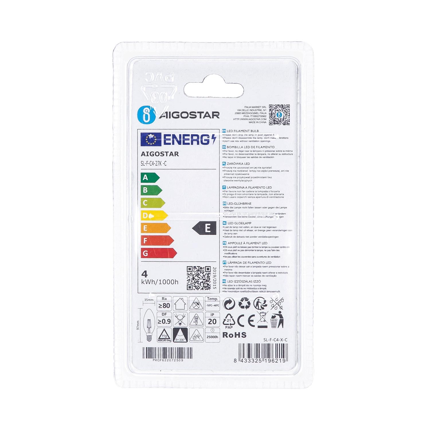 LED Filament Bulb (Clear) C35 E14 4W