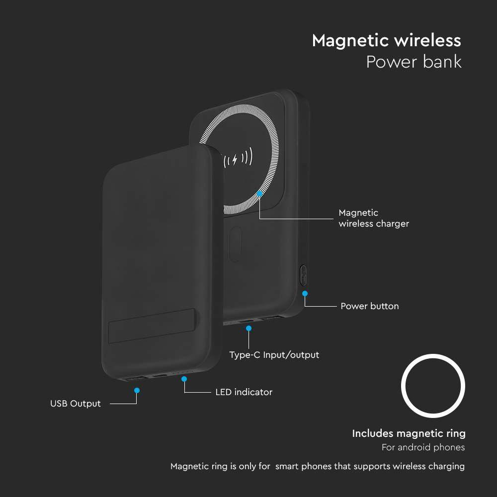 Power Bank Magnetyczny kompatybilny z iPhone 12 i wyższymi modelami , Kolor: Czarny, 10000mah , VTAC, SKU 23038