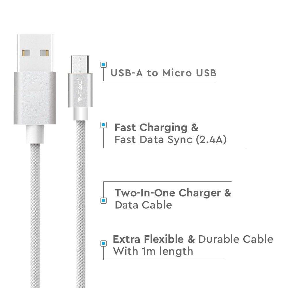 Przewód Mikro USB, 1m, Srebrny, VTAC, SKU 8489