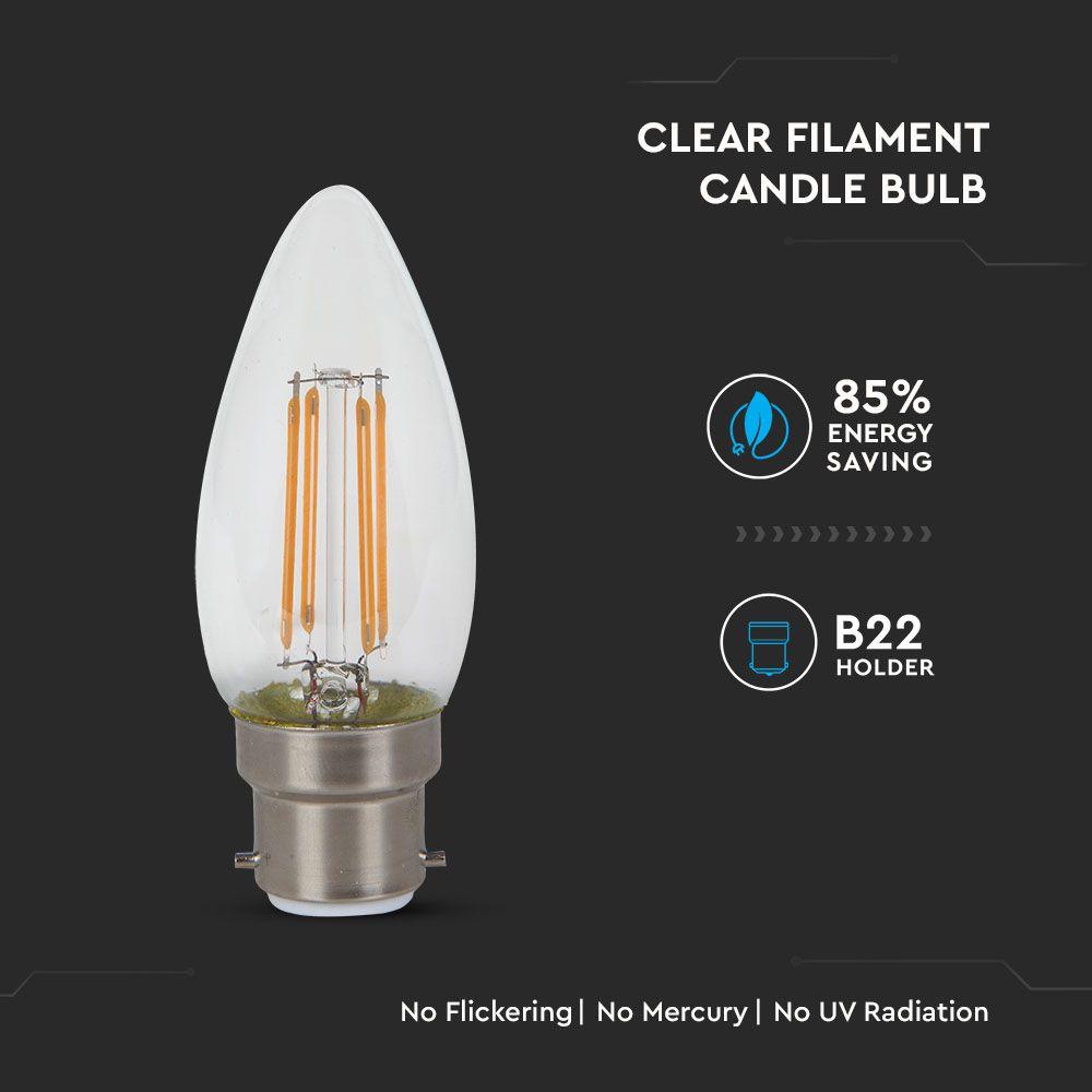 4W C35 Żarówka LED Filament, Klosz Transparentny, Chip SAMSUNG, Barwa:3000K, Trzonek:B22, VTAC, SKU 105