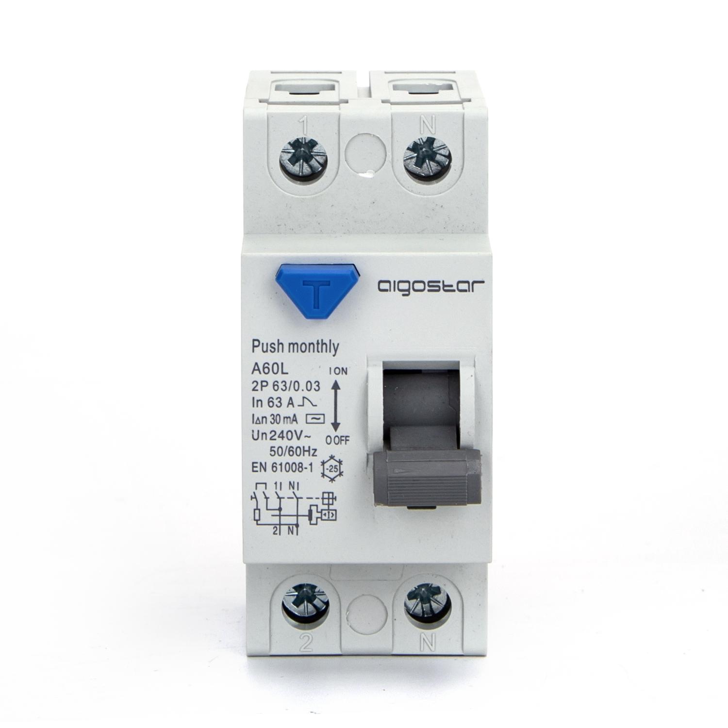 Residual Current Circuit Breaker 2P 63A 30mA AC Gray