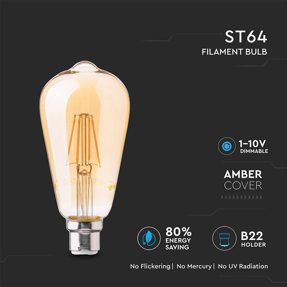 4W Żarówka LED Filament ST64/ Klosz Bursztynowy, Barwa:2200K, Ściemniana, Trzonek:B22, VTAC, SKU 7420