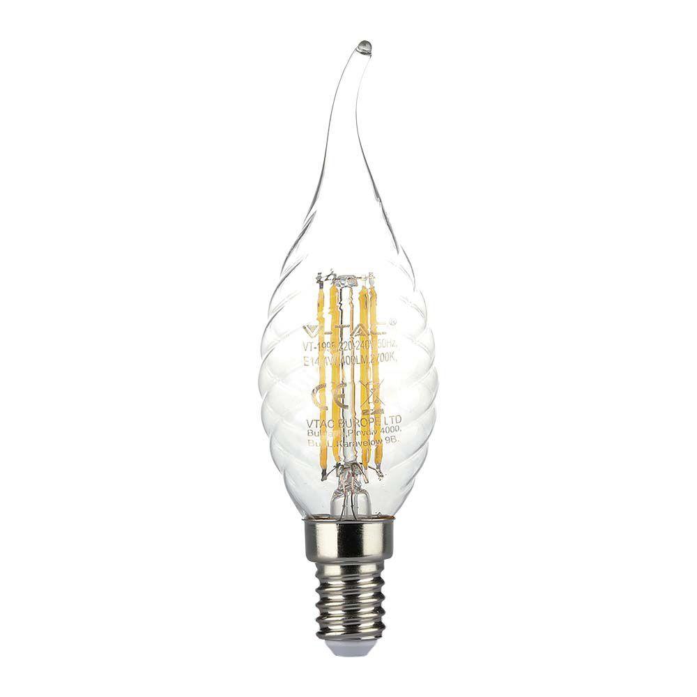 4W CF37 Żarówka LED Filament Twist, Klosz Transparentny, Barwa:3000K, Trzonek:E14, VTAC, SKU 214308