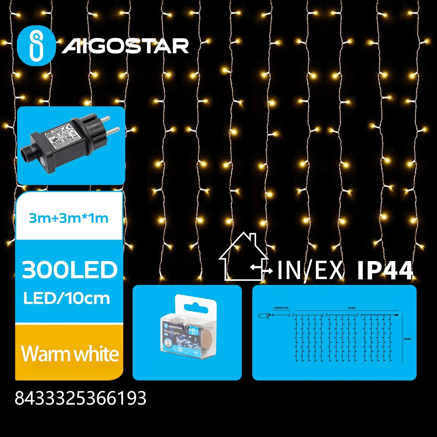 Low voltage connectable curtain (flush) flat string lights, warm white, 3m+3m*1m, 300LEDs, 30strips