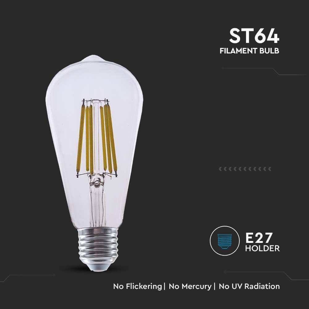 4W ST64 Żarówka LED Filament, Klosz Transparentny, Barwa:3000K, Trzonek:E27, Skuteczność: 210lm/W, VTAC, SKU 2996