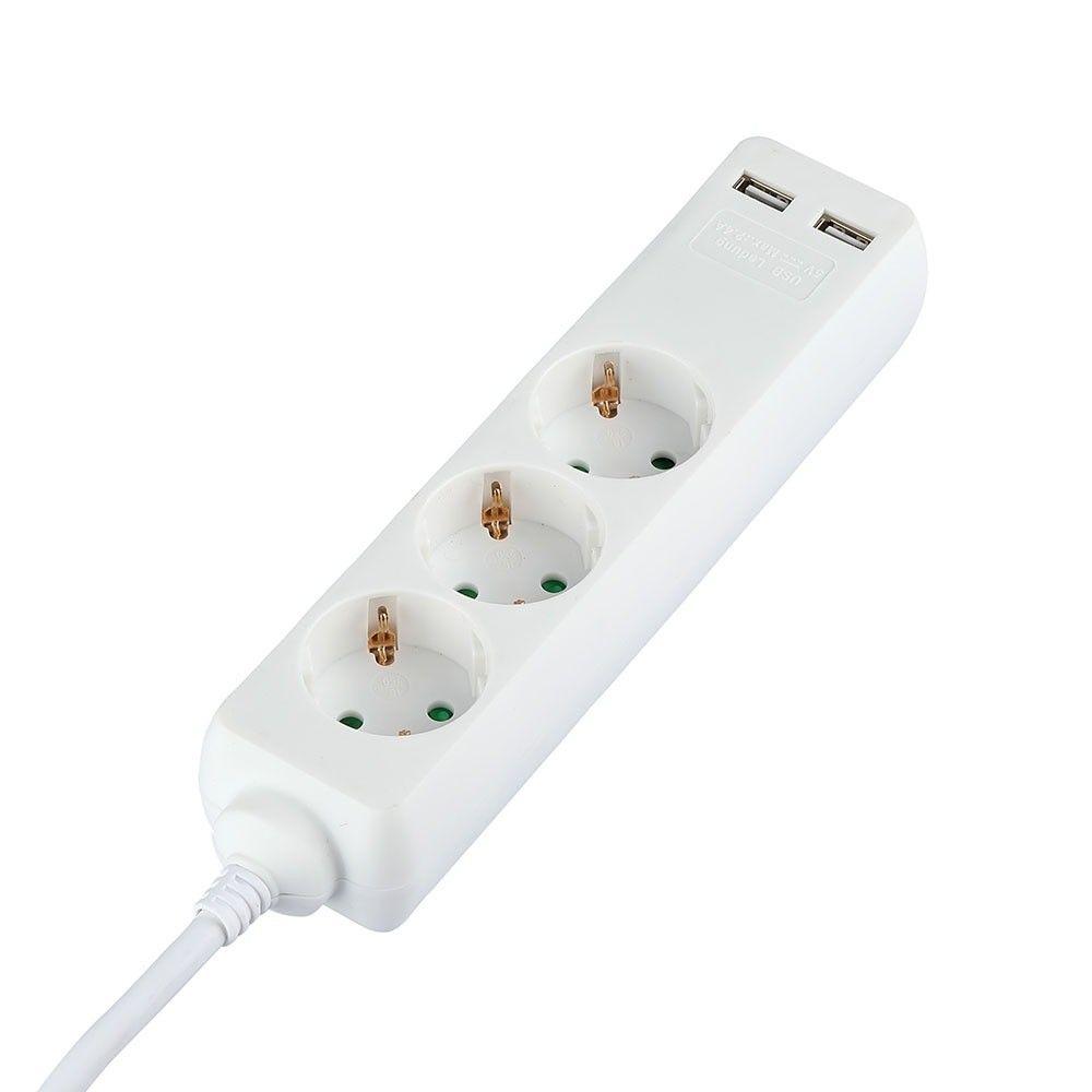 Przedłużacz mieszkaniowy 3 GN. Z portem 2xUSB, 3x1.5 X 5M/ Biały, VTAC, SKU 8775