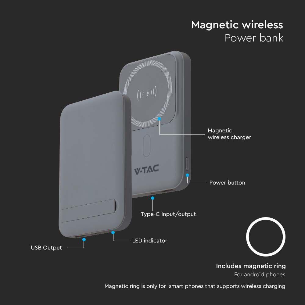 VT-3529 10000mah MAGNETIC WIRELESS POWER BANK WITH METAL RING-GREY