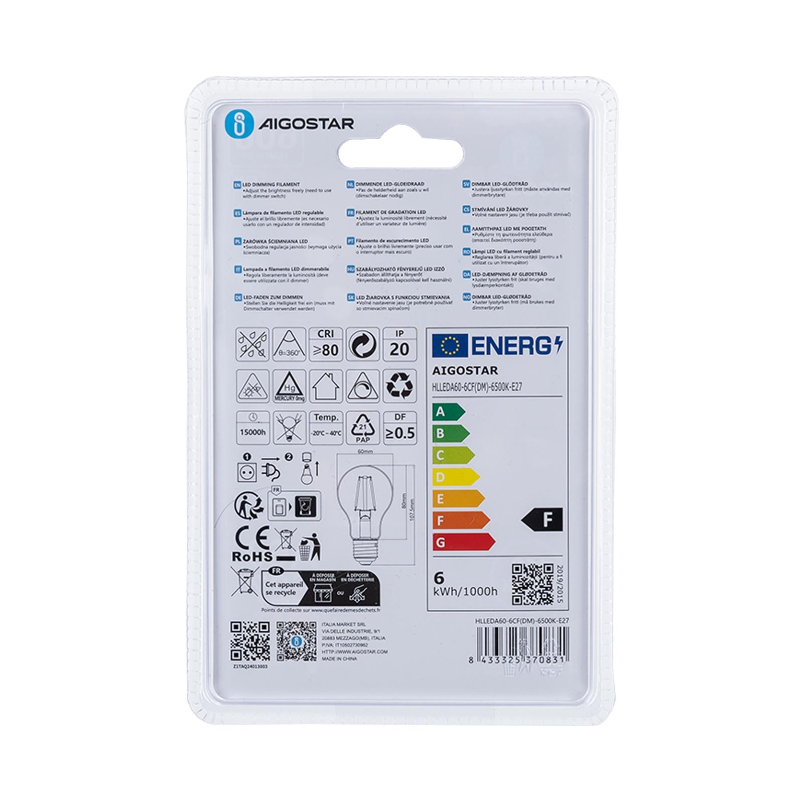 LED dimming filament A60 E27 6W 6500K