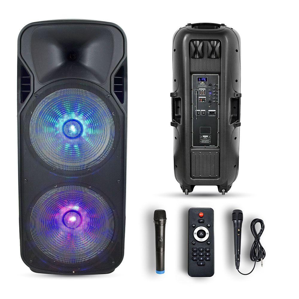 150W Przenośny głośnik karaoke bluetooth, gniazdo USB, slot na kartę micro SD/gniazdo AUX/2x Mikrofon/Podświetlenie LED(2*38 cm), VTAC, SKU 7733