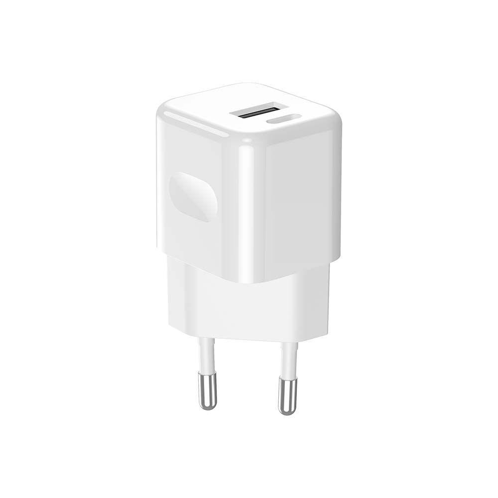 Ładowarka Sieciowa Fast Charger USB + USB C, 20W, Power Delivery, Wtyczka EU, Biała, VTAC, SKU 6678