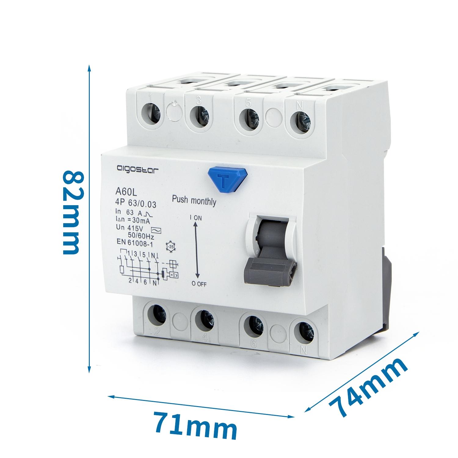 Residual Current Circuit Breaker 4P 63A 30mA AC Gray