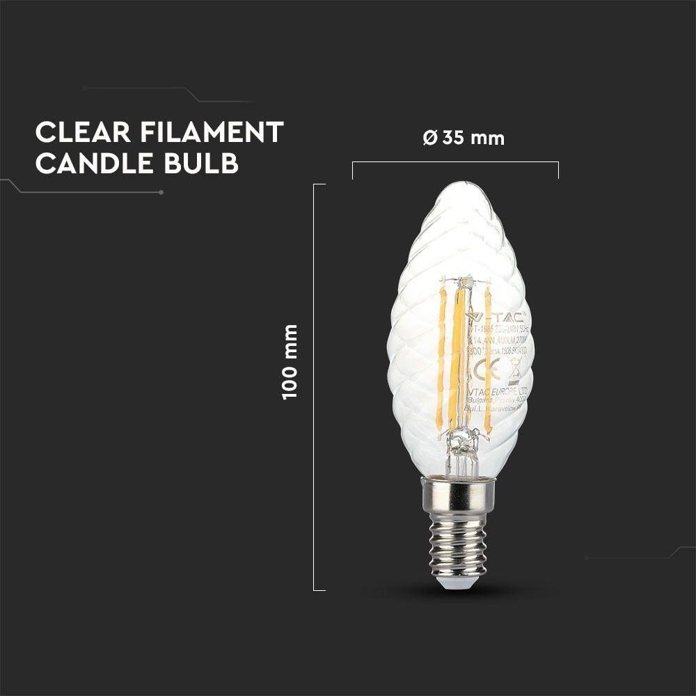 4W C35 Żarówka LED Filament Twist, Klosz Transparentny, Chip SAMSUNG, Barwa:2700K, Trzonek:E14, VTAC, SKU 279