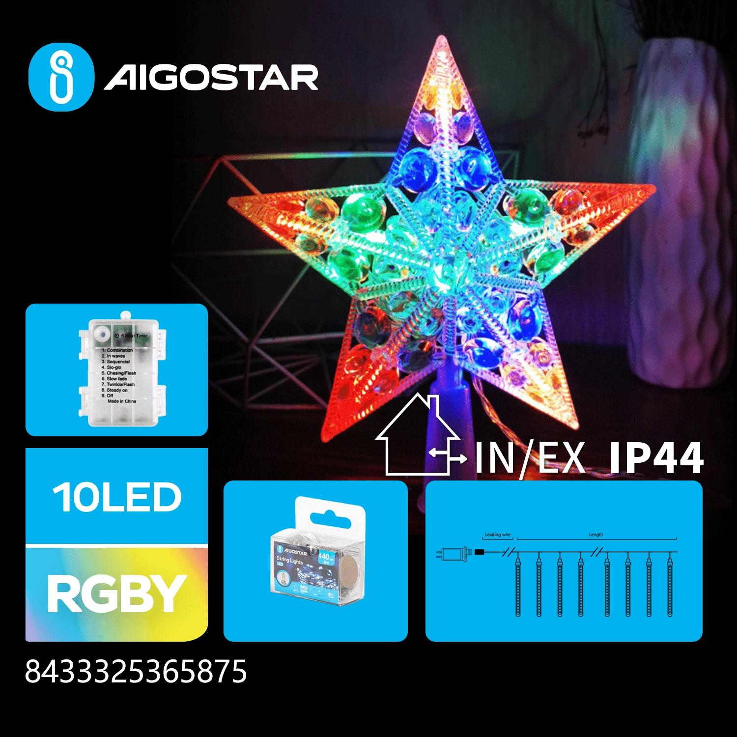 3AA Battery String Lights-17CM treetop star-RGBY-10LED-transparent wire-ON/OFF/blinkIP20