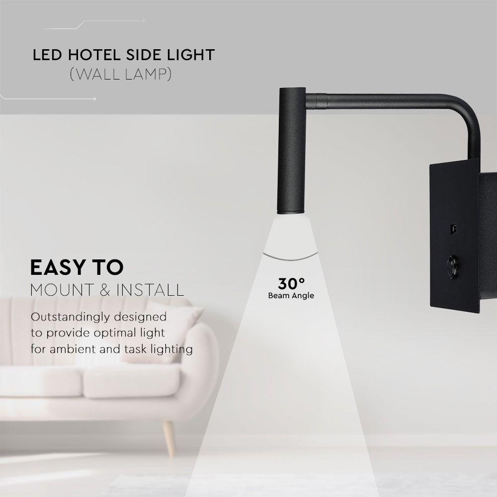 VT-2943 3W LED SIDE LIGHT(WALL LAMP)WITH SWITCH&USB PORT 3000K-BLACK