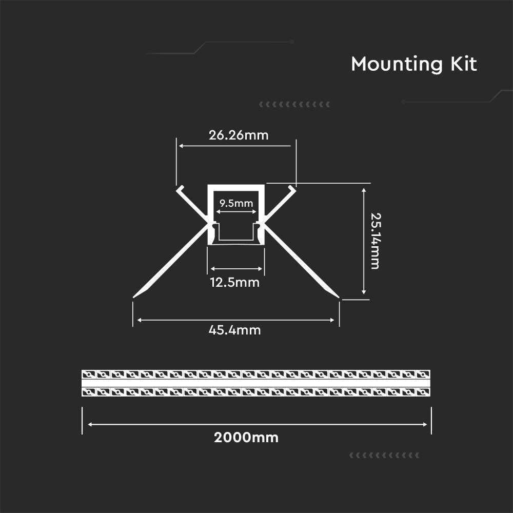 VT-8104 MOUNTING KIT WITH DIFFUSER FOR LED STRIP RECESSED 2000x45.4x25.14MM SILVER