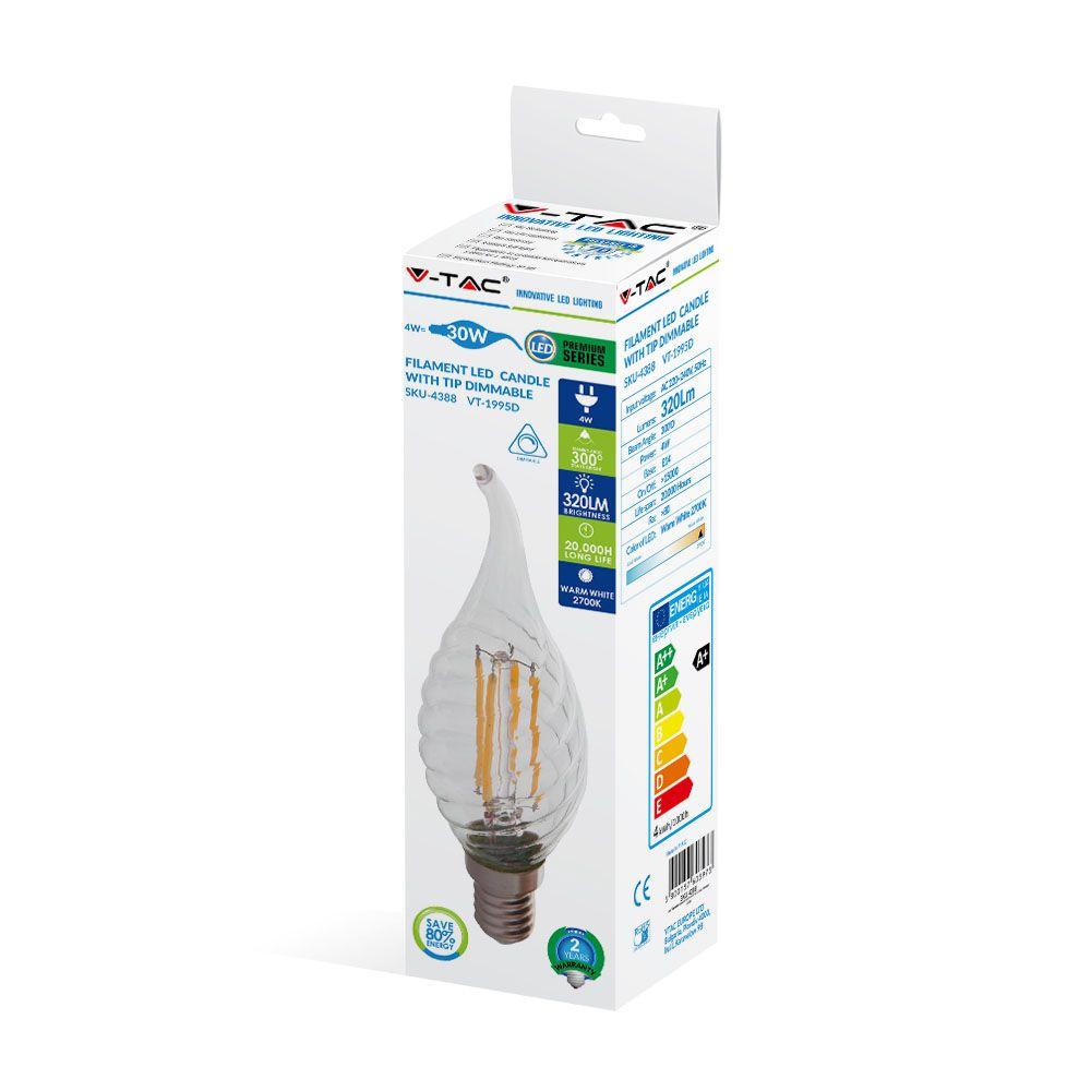 4W TWIST CF37 Żarówka LED Filament, Barwa:2700K, Ściemniana, Trzonek:E14, VTAC, SKU 4388