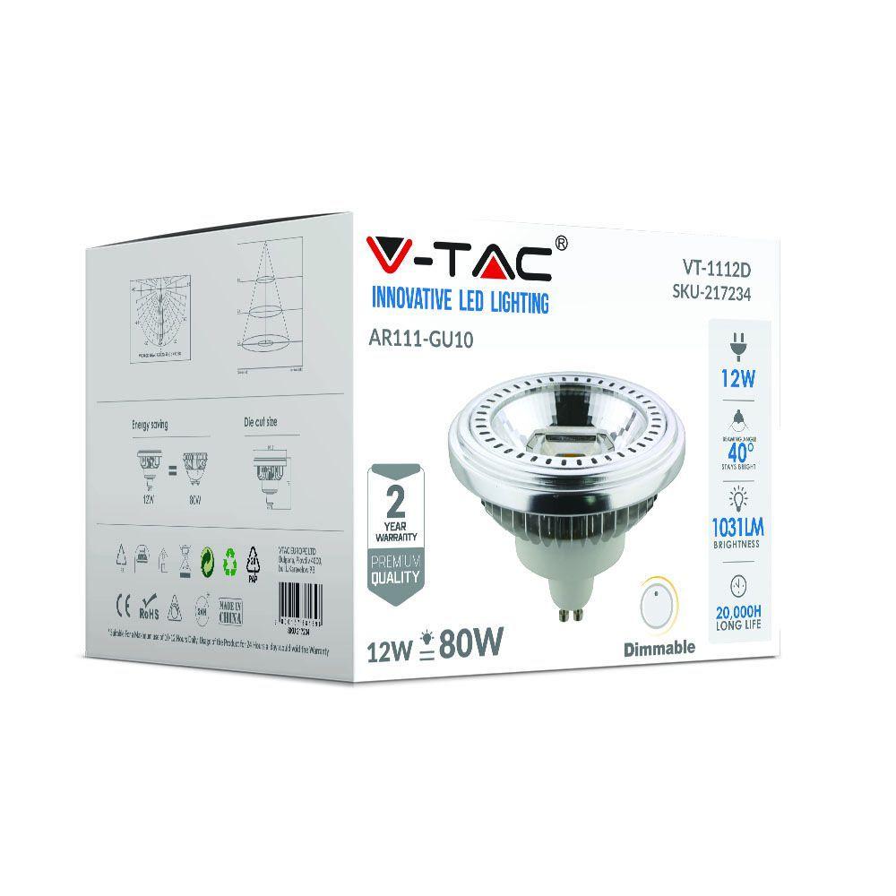 12W AR111 LED SPOTLIGHT, Barwa:3000K, Trzonek:GU10, Ściemniana, VTAC, SKU 217234