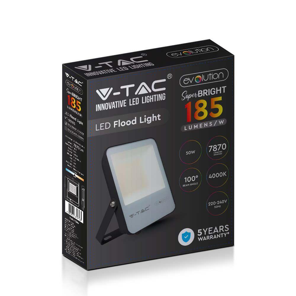 VT-50185 50W LED FLOODLIGHT 4000K BLACK BODY GREY GLASS 185LM/W