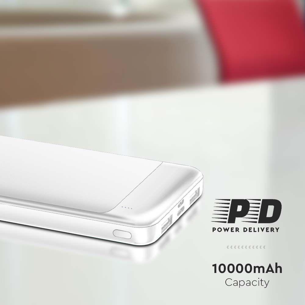 Power Bank 2xUSB + typ: C, Micro USB, Szybkie ładowanie, Litowo Polimerowy - 10000mAh, Biały, VTAC, SKU 7834