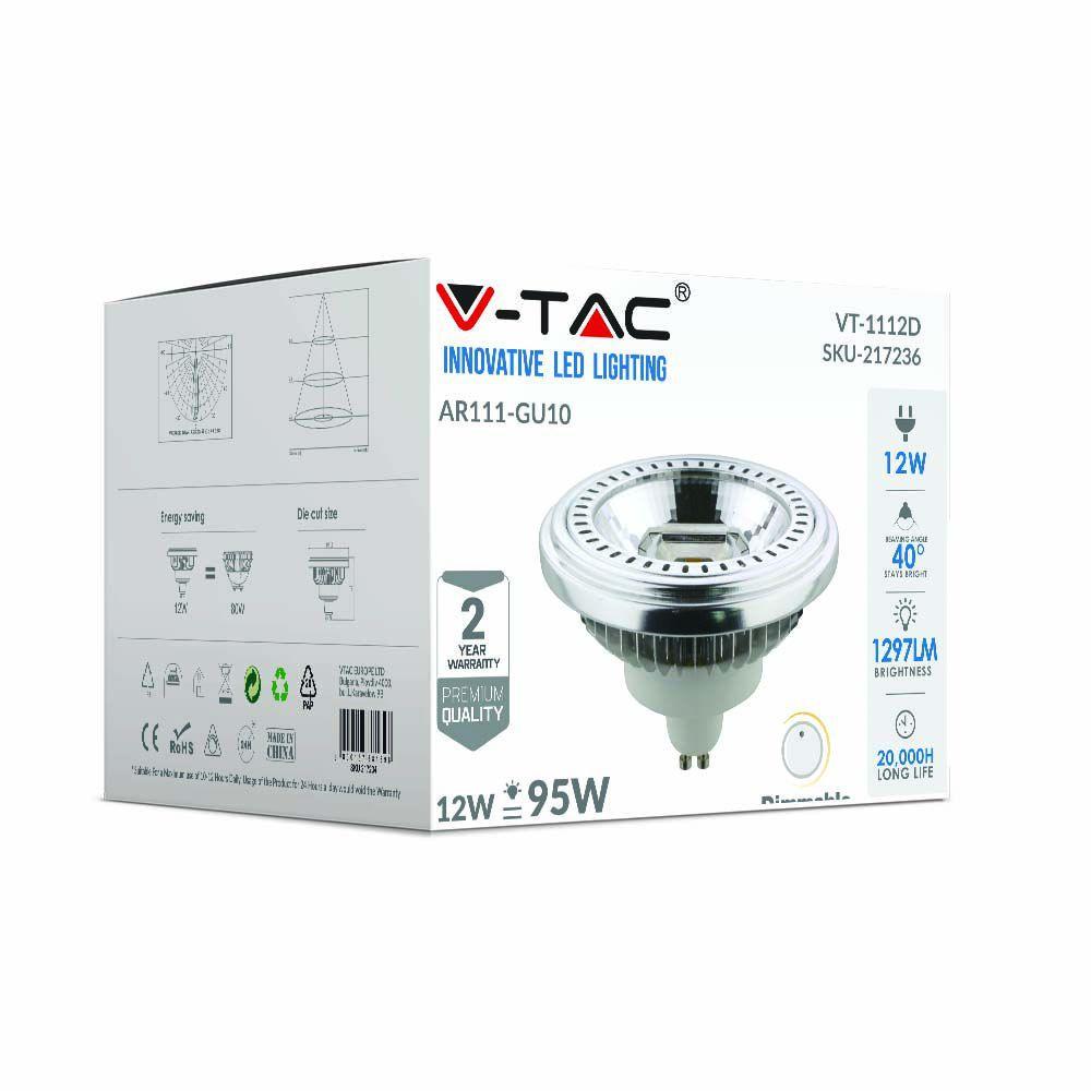 12W AR111 LED SPOTLIGHT, Barwa:6000K, Trzonek:GU10, Ściemniana, VTAC, SKU 217236