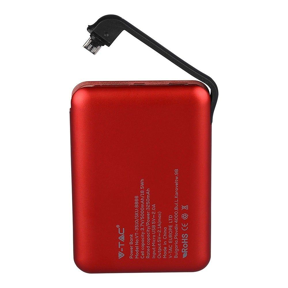 Power Bank z przyłączem Mikro USB, Litowo Polimerowy - 3.7V, 5000mAh, Czerwony, VTAC, SKU 8866