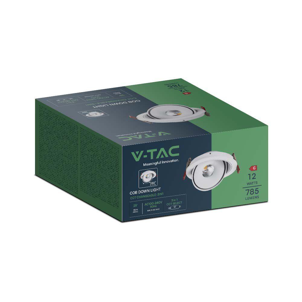 12W Oprawa COB Downlight LED, Barwa: 3w1, Obudowa: Biała , VTAC, SKU 10579