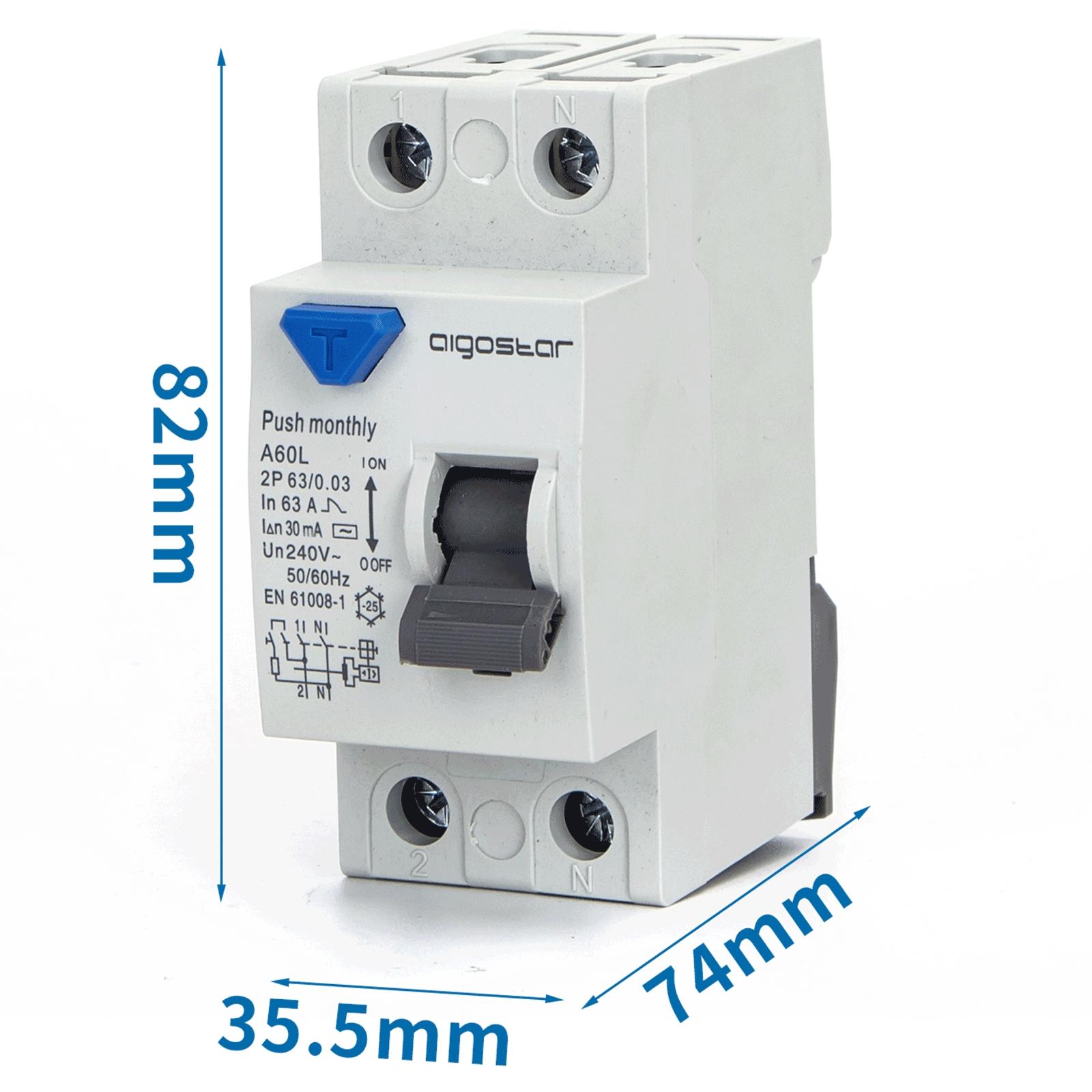 Residual Current Circuit Breaker 2P 63A 30mA AC Gray