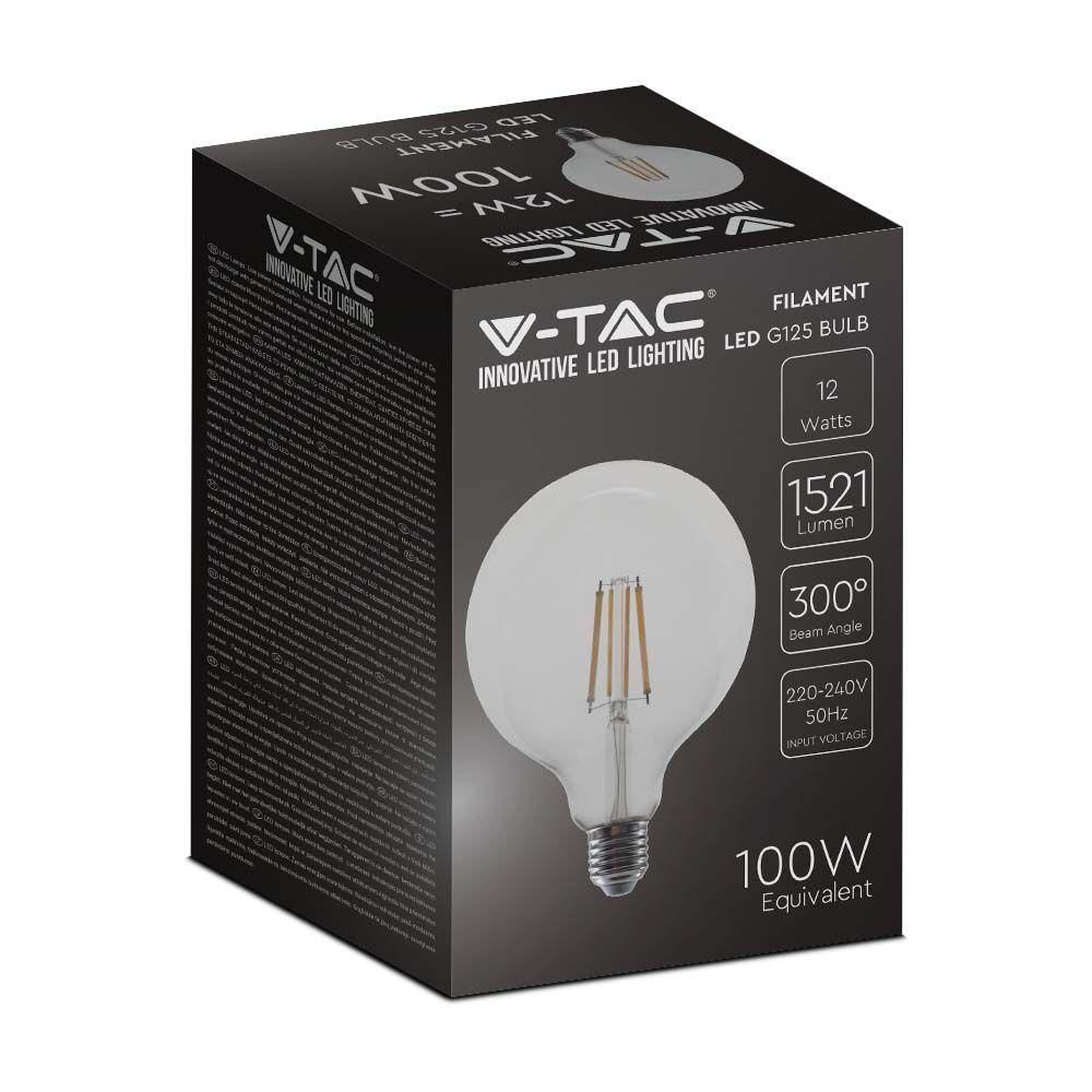 12W G125 Żarówka LED Filament, Klosz Transparentny, Barwa:4000K, Trzonek:E27, VTAC, SKU 217454