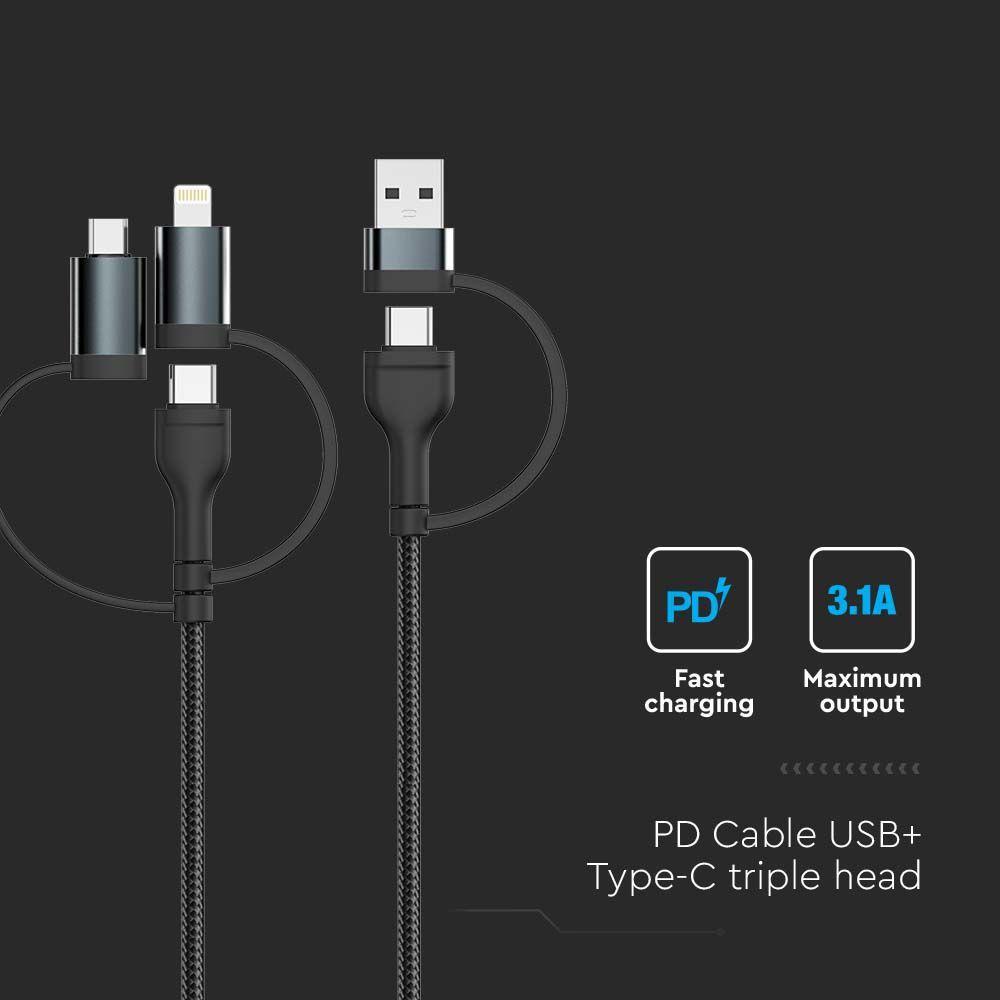 Przewód USB z adapterem 5w1 typ: C, Micro, Lightning, Fast Charging, 1.2m, Czarny, VTAC, SKU 7747