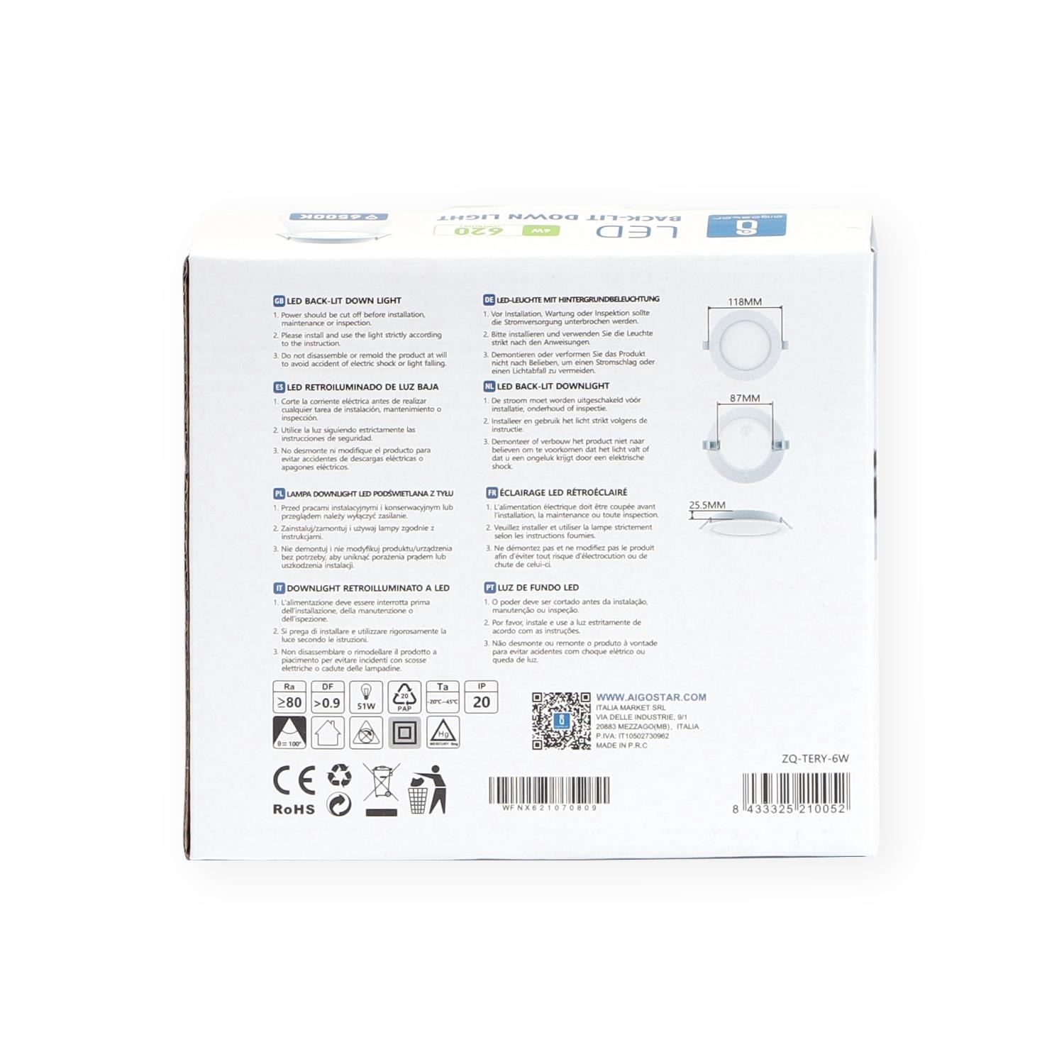 Okrągły downlight podtynkowy LED E6 6W Światło białe(6W,6500K,Barwa Zimna,620lm)