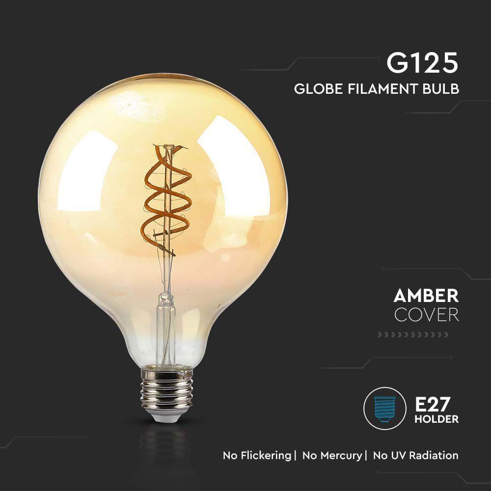 6W G125 Żarówka LED Filament 2xSpieral, Klosz Bursztynowy, Barwa:1800K, Trzonek:E27, VTAC, SKU 217328