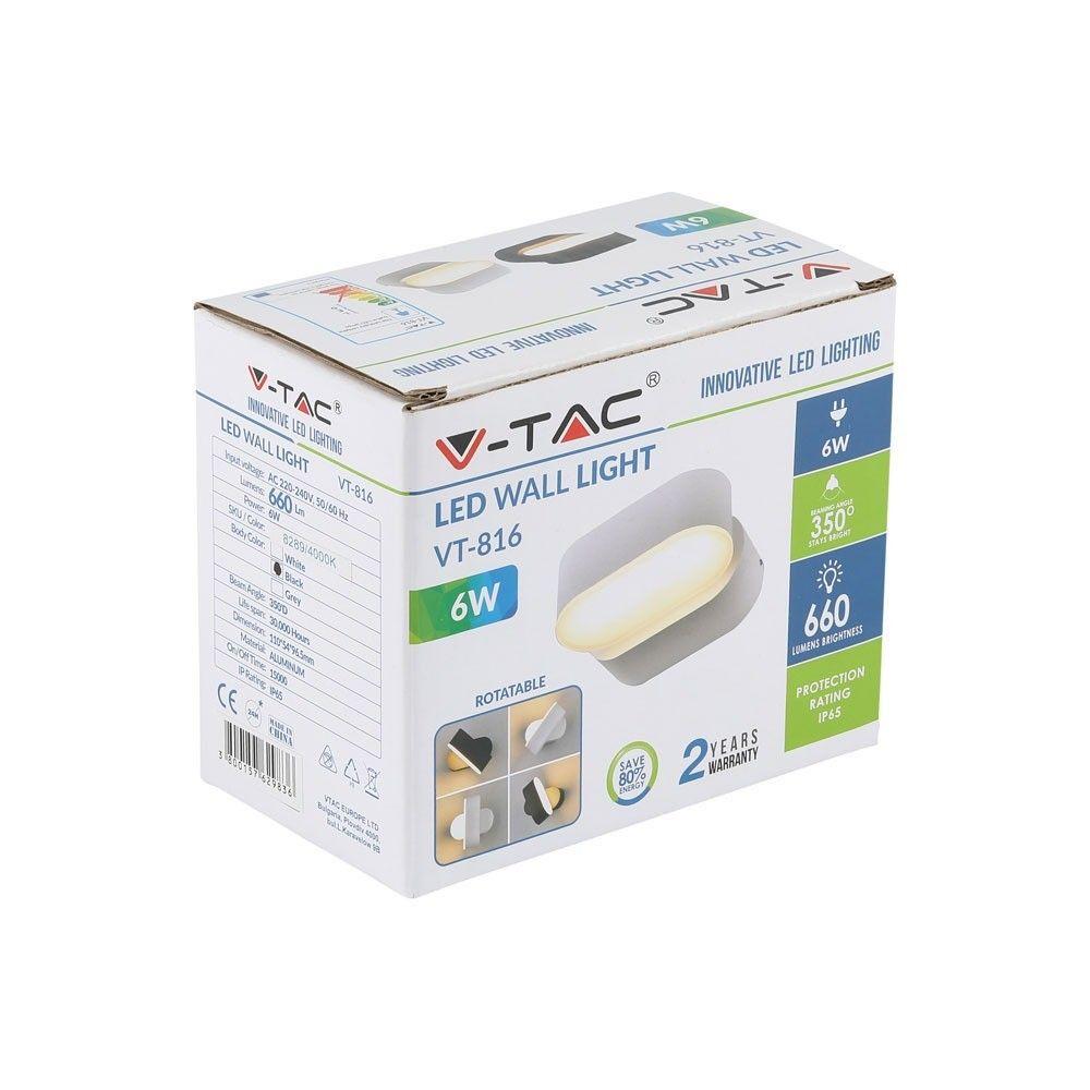 6W Lampa ścienna LED, Barwa:4000K, Obudowa: Czarna, VTAC, SKU 8289