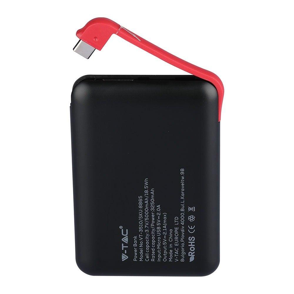 Power Bank z przyłączem Mikro USB, Litowo Polimerowy - 3.7V, 5000mAh, Czarny, VTAC, SKU 8865