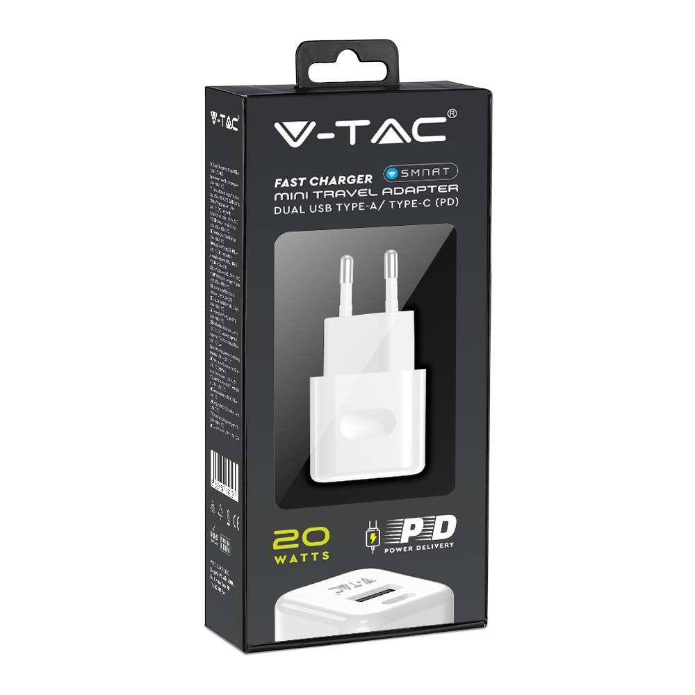 Ładowarka Sieciowa Fast Charger USB + USB C, 20W, Power Delivery, Wtyczka EU, Biała, VTAC, SKU 6678