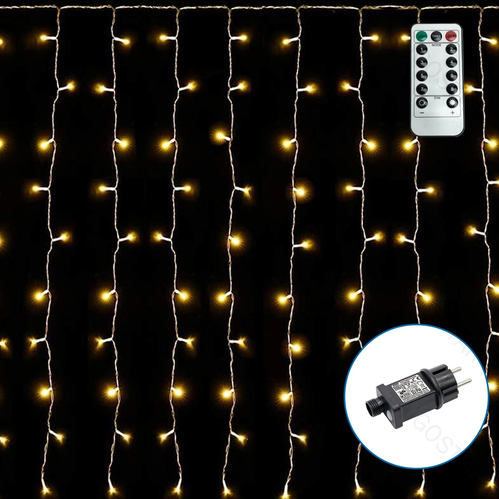 Tandem curtain Solar Icicle (Flush) Flat String Lights-Warm White-3M+3M*1M-300LED-30string-transparent wire-8blink+Time+IP44