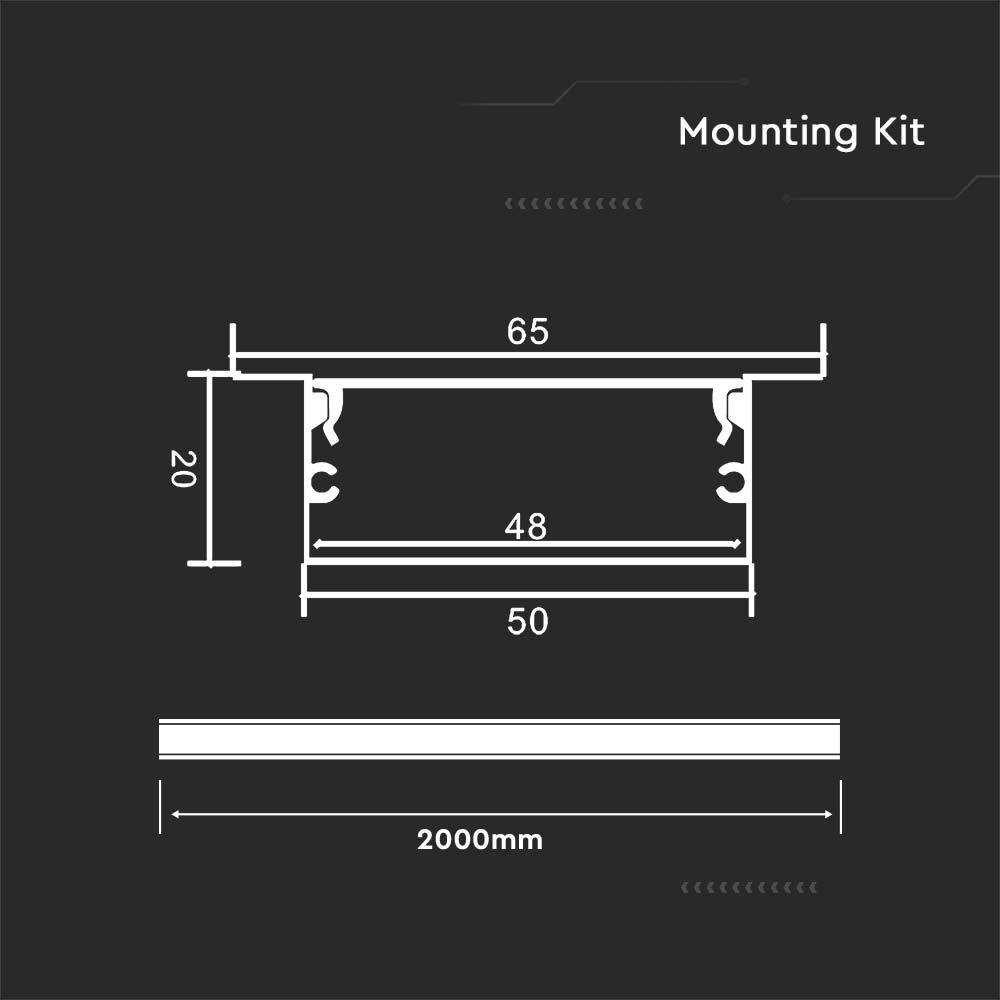 Profil Aluminiowy do paska LED wpuszczany, 2000x50x20mm, Klosz: Mleczny, Kolor: Aluminium , VTAC, SKU 23179