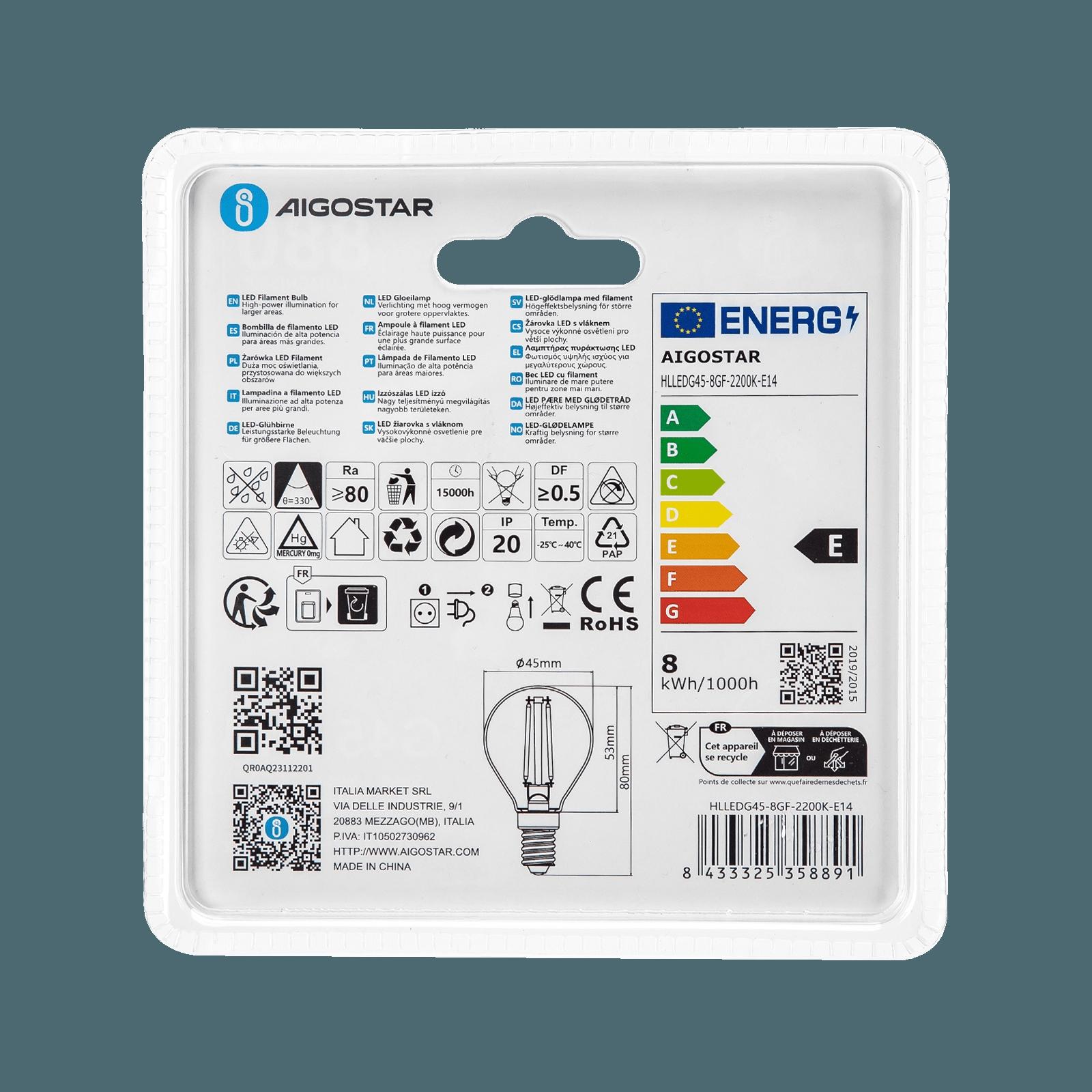 LED Filament Bulb (Amber) G45 E14 8W