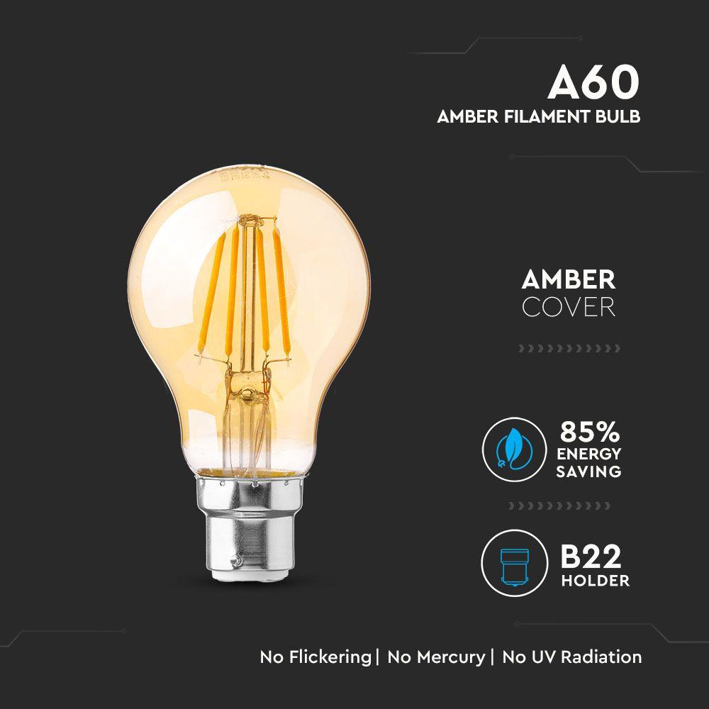 4W A60 Żarówka LED Filament, Klosz Bursztynowy, Chip SAMSUNG, Barwa:2200K, Trzonek:B22, VTAC, SKU 107