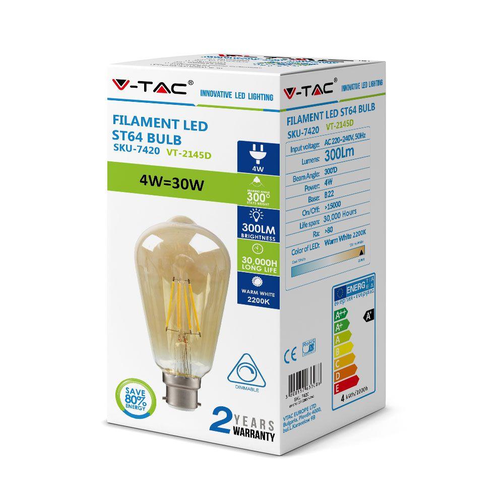 4W Żarówka LED Filament ST64/ Klosz Bursztynowy, Barwa:2200K, Ściemniana, Trzonek:B22, VTAC, SKU 7420