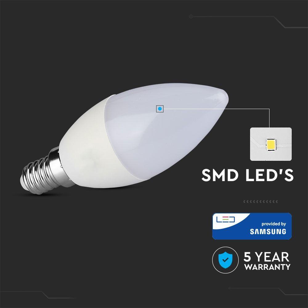 5.5W C35 Żarówka LED, Chip SAMSUNG, Barwa:3000K, Ściemniana, Trzonek:E14, VTAC, SKU 859