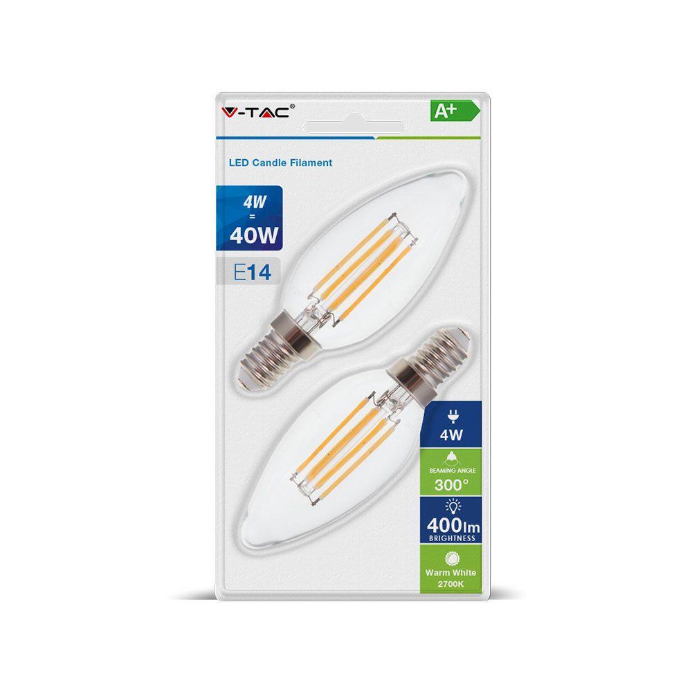 4W Żarówka LED C35 Filament, Klosz Transparentny, Barwa:2700K, Trzonek:E14, Opk. Blister, VTAC, SKU 7365